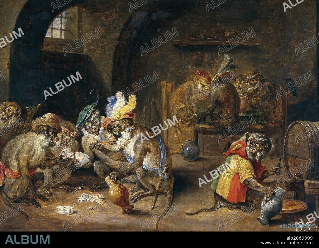 DAVID TENIERS EL JOVEN. David Teniers / 'Monos en una bodega', Siglo XVII, Escuela Flamenca, Óleo sobre Tabla, 21 cm x 30 cm, P01807.