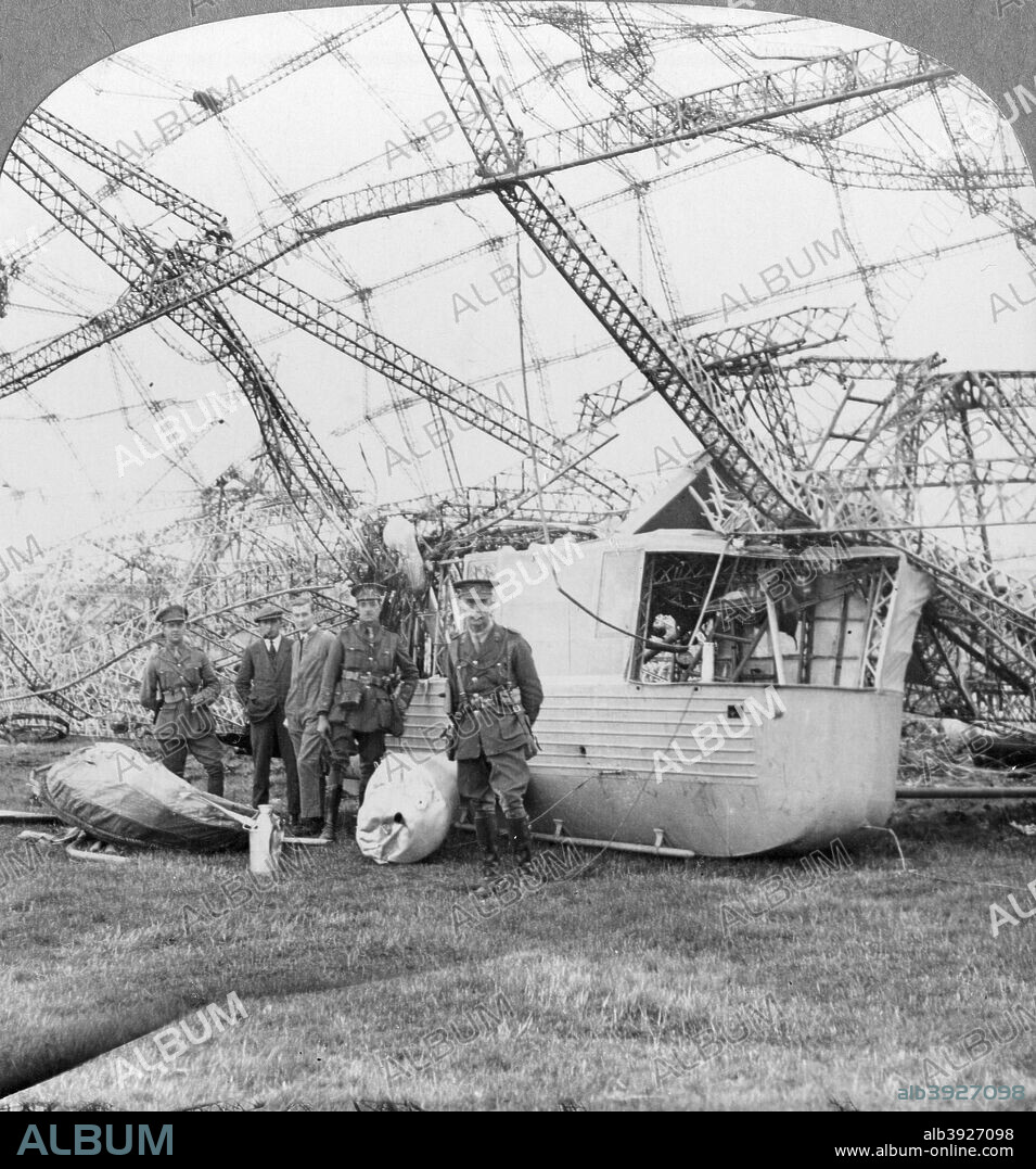 Gondola of the Zeppelin shot down off the Essex coast, World War I, 1916. Stereoscopic card detail.