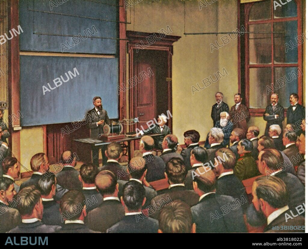January 23, 1896, first public demonstration of Wilhem Conrad Roentgen's newly discovered x-rays. He took an x-ray of the hand of Professor Albert von Kolliker which lead to a lively discussion about the possible medical applications of this discovery.Wilhelm Conrad Roentgen (1845-1923), German experimental physicist and discoverer of X-rays. While using a discharge tube (in which an electric discharge is passed through a gas at low pressure) in a darkened room, Roentgen noticed that a card coated with barium platinocyanide glowed when the tube was switched on. The effect was not blocked by an intervening wall, or even a thin sheet of metal. Roentgen termed this newly discovered phenomenon X-ray radiation, and suggested that it consisted of electromagnetic rays with a shorter wavelength than light. He was awarded the first Nobel Prize for Physics in 1901.