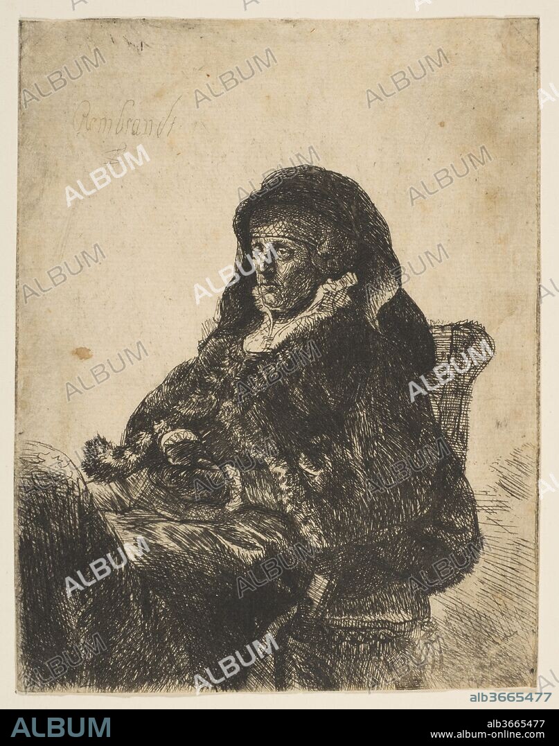 The Artist's Mother Seated at a Table, Looking Left:  Three Quarter Length. Artist: After Rembrandt (Rembrandt van Rijn) (Dutch, Leiden 1606-1669 Amsterdam). Dimensions: Sheet: 5 7/8 × 4 9/16 in. (14.9 × 11.6 cm). Date: after 1631.