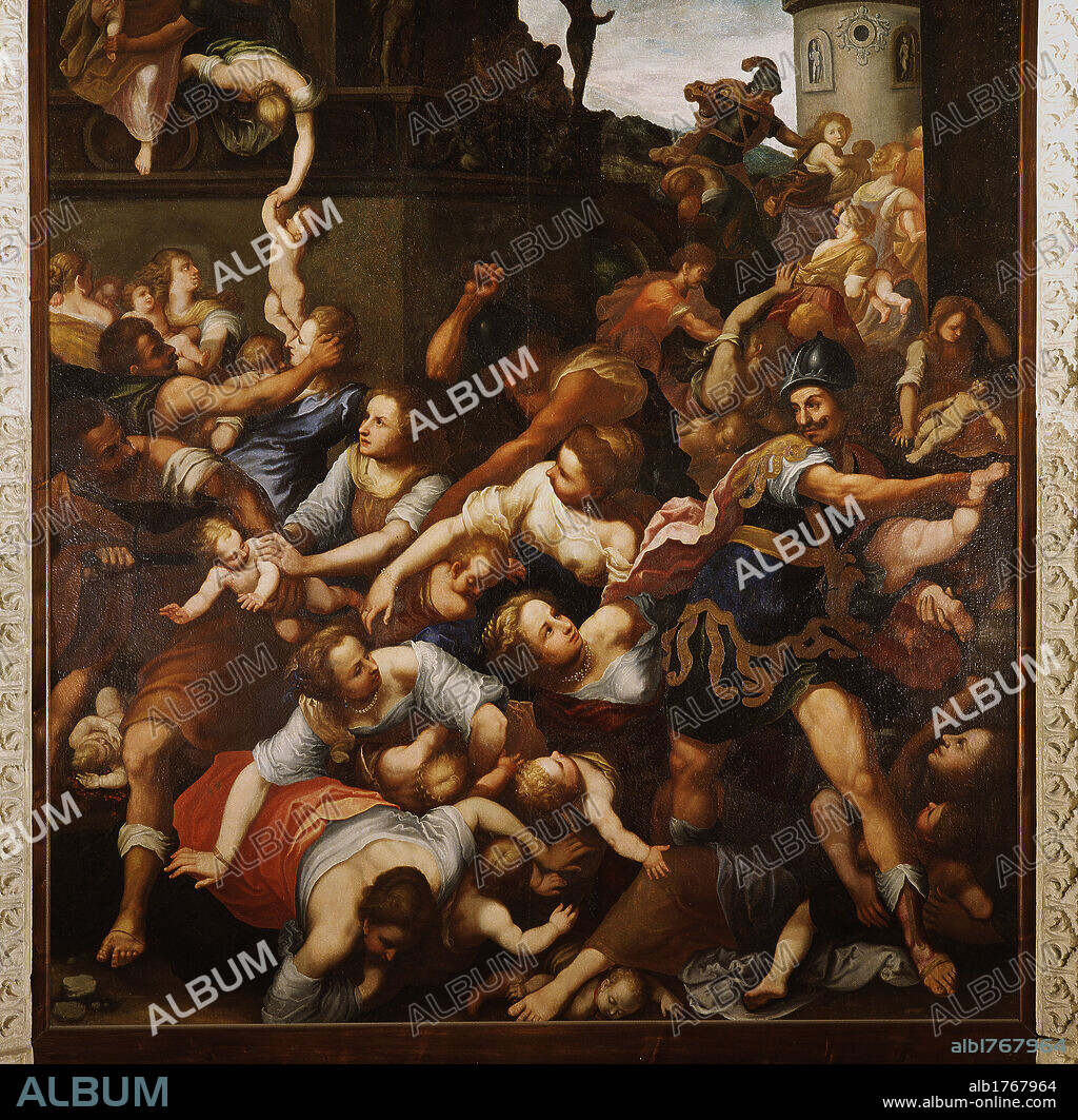 Annunciation, by Antonio Verrio, 17th Century, oil on canvas,. Italy, Puglia, Lecce, Lecce, Santa Maria degli Angeli Church. Detail. Slaughter women children newborn babies soldiers chaos bodies pink red black white brown.