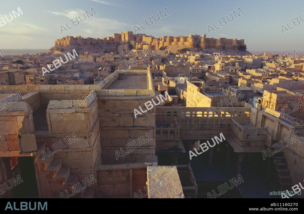 View of Jaisalmer Fort, built in 1156 by Rawal Jaisal, which has 99 bastions around its circumference, Jaisalmer, Rajasthan, India.
