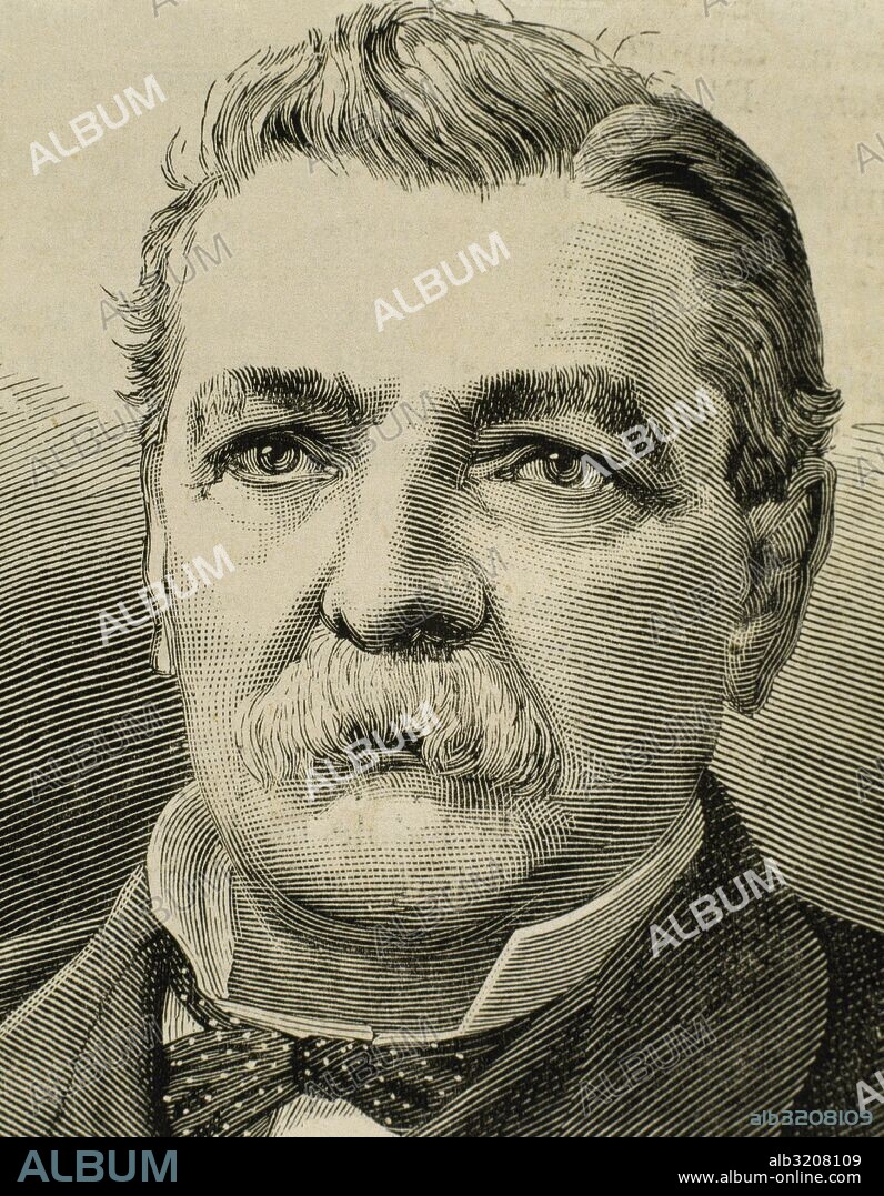 SANTA MARIA GONZALEZ, Domingo (Santiago de Chile, 1825-Santiago de Chile, 1889). Político Chileno, afiliado al partido Liberal. Fue presidente de la República desde 1881 hasta 1886. Grabado del siglo XIX.