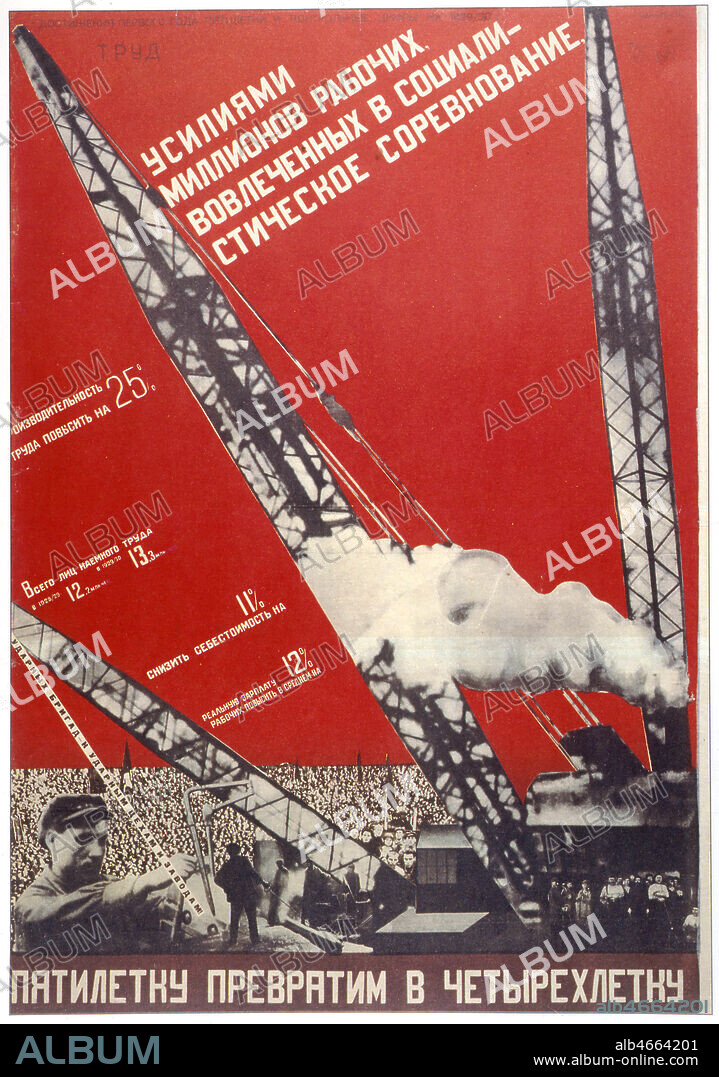 Affiche constructiviste sovietique russe pour le plan quiquennal 'Realisons en 4 ans le plan quiquennal'. Affiche de 1930 par Gustav KLUTSIS (1895-1944). Credit : Collection Kharbine Tapabor.