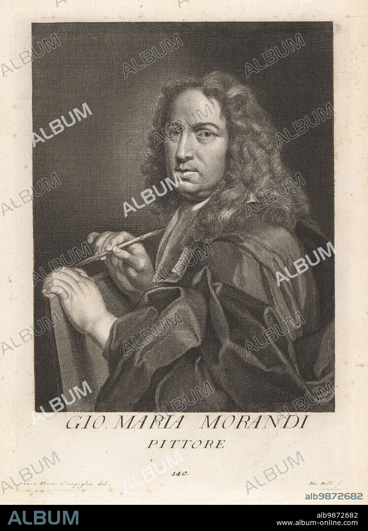 Giovanni Maria Morandi, Italian painter, mainly active in Rome and his natal city of Florence, but also Venice, 1622-1717. With paintbrush and canvas. Gio. Maria Morandi, Pittore. Copperplate engraving by Niccolo Billy after Giovanni Domenico Campiglia after a self portrait by the artist from Francesco Moucke's Museo Florentino (Museum Florentinum), Serie di Ritratti de Pittori (Series of Portraits of Painters) stamperia Mouckiana, Florence, 1752-62.
