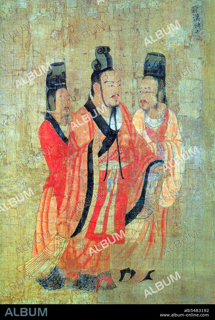 Emperor Zhao of Han (94 BC – 74 BC) was an emperor of the Chinese Han Dynasty from 87 BC to 74 BC. Emperor Zhao was the youngest son of Emperor Wu of Han. By the time Zhao was born, Emperor Wu was already 62. Zhao ascended the throne after the death of Emperor Wu in 87 BC. He was only 8 years old. Huo Guang served as regent. Emperor Wu's long reign left the Han Dynasty greatly expanded; however constant warfares had depleted the empire's coffer. Emperor Zhao, under the tutelage of Huo, took the initiative and lowered taxes as well as reduced government spending. As a result, citizens prospered and the Han Dynasty enjoyed an era of peace. Unfortunately, Emperor Zhao died after reigning for 13 years. He was only 20. Yan Liben (Wade–Giles: Yen Li-pen, c. 600-673), formally Baron Wenzhen of Boling, was a Chinese painter and government official of the early Tang Dynasty. His notable works include the Thirteen Emperors Scroll and Northern Qi Scholars Collating Classic Texts. He also painted the Portraits at Lingyan Pavilion, under Emperor Taizong of Tang, commissioned in 643 to commemorate 24 of the greatest contributors to Emperor Taizong's reign, as well as 18 portraits commemorating the 18 great scholars who served Emperor Taizong when he was the Prince of Qin. Yan's paintings included painted portraits of various Chinese emperors from the Han Dynasty (202 BC-220 AD) up until the Sui Dynasty (581-618) period.