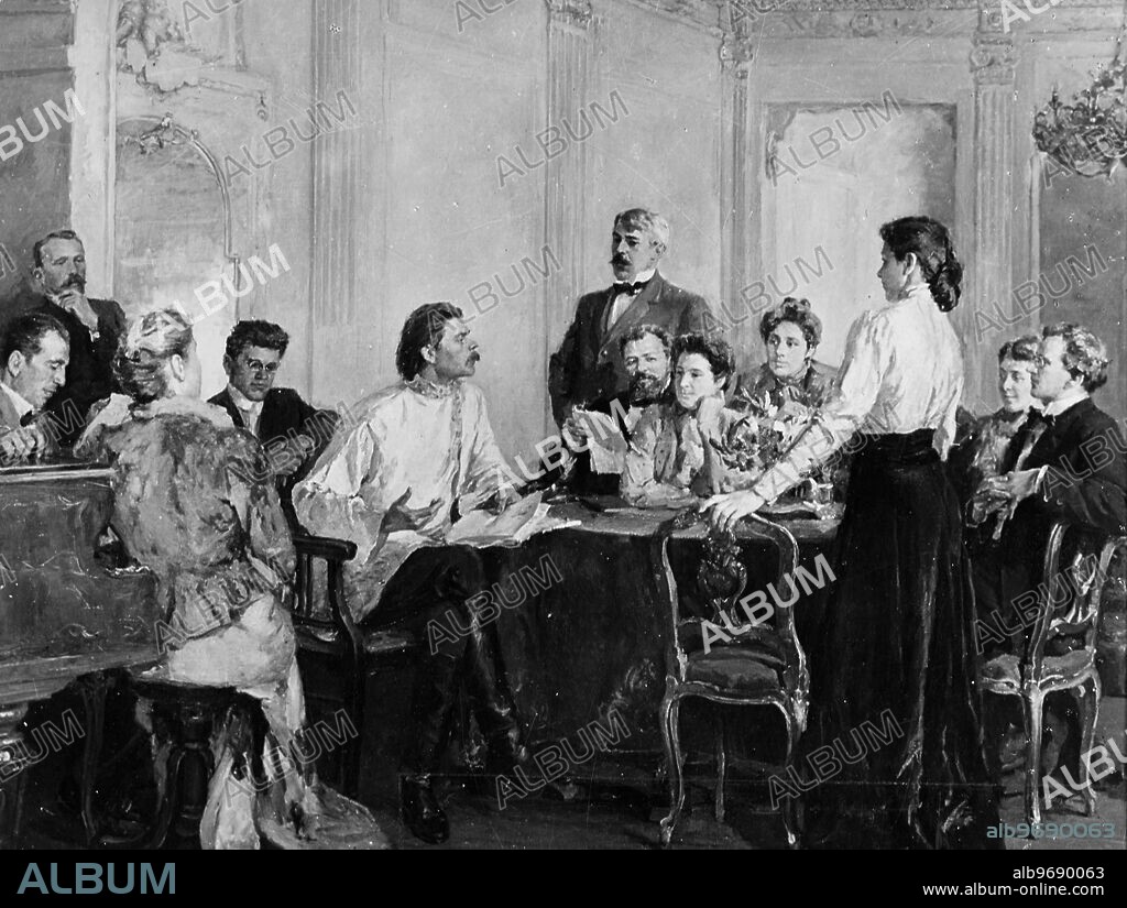 Maxim Gorky, reading his playing "At The Bottom" to the arts Theatre actors. From the painting by A.I. Kiriloy. Maxim Gorky (Alexei Maximovich Peshkov) was a Russian and Soviet writer, a founder of the Socialist realism literary method and a political activist and first President of the Union of Soviet Writers. 18 December 1902. Supplied By: SCRSS - Society for Co-operation in Russian & Soviet Studies.