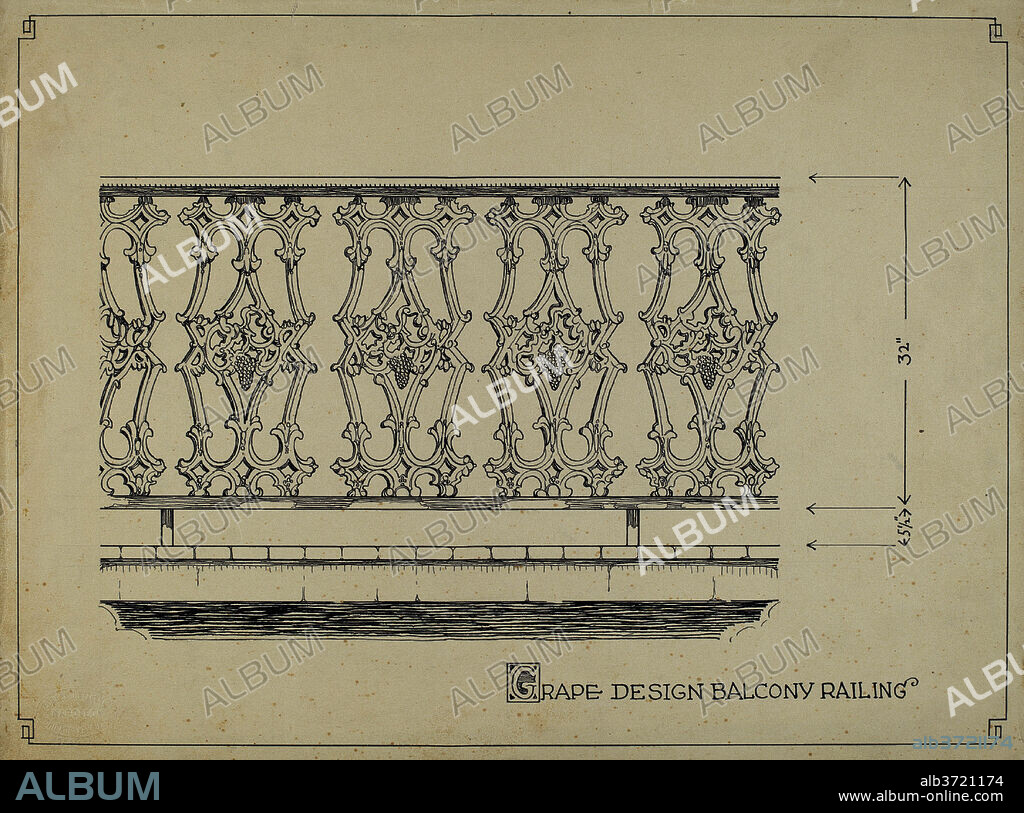 THOMAS BYRNE. Grape Design Balcony. Dated: c. 1936. Dimensions: overall: 22.9 x 30.5 cm (9 x 12 in.). Medium: pen and ink on paper.