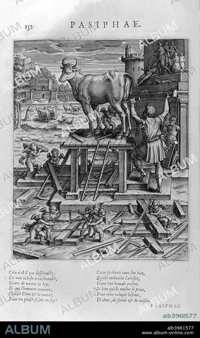 'Pasiphae', 1615. Wife of King Minos of Crete. When the gods sent Minos a beautiful white bull, he did not sacrifice it as he should have done. In punishment, Pasiphae was inflicted with a passion for the beast, which ultimately led to the birth of the Minotaur.
