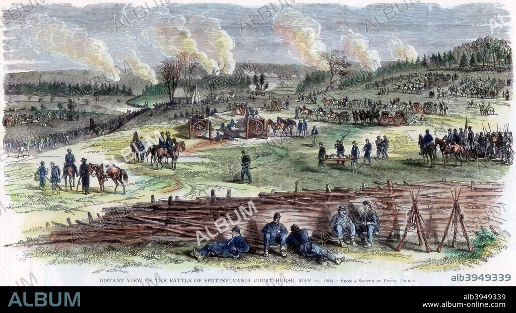 Battle of Spotsylvania Court House, Virginia, American Civil War, 12 May 1864. The battle was the second major engagement of Union General Ulysses S Grant's Overland Campaign of 1864. The outcome of the battle, fought between 100,000 Union and 52,000 Confederate soldiers, was inconclusive.