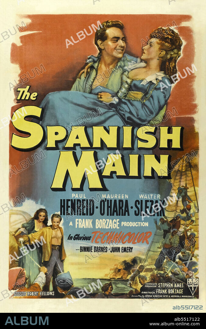 MAUREEN O'HARA and PAUL HENREID in THE SPANISH MAIN, 1945, directed by FRANK BORZAGE. Copyright RKO.