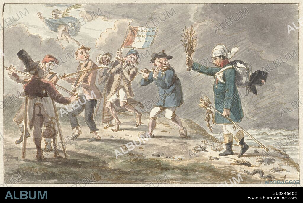 JACOB SMIES. Cartoon on the retreat of Napoleon from Russia, 1812-1814. On the right is Napoleon with a stocking on his head and followed by creepy-crawlies. On the left is a group of poor musicians with a French flag on which is written: 'Hier Koomt Pauwel Jonas' (Here comes Pauwel Jonas). At top left Fame flees.