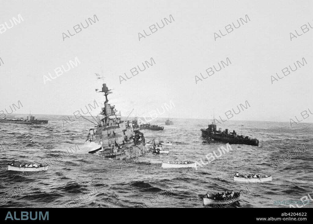 HMS Audacious crew board lifeboats to be taken aboard RMS Olympic, October, 1914. The Audacious was a British battleship, sunk by a German naval mine off the northern coast of Donegal, Ireland.