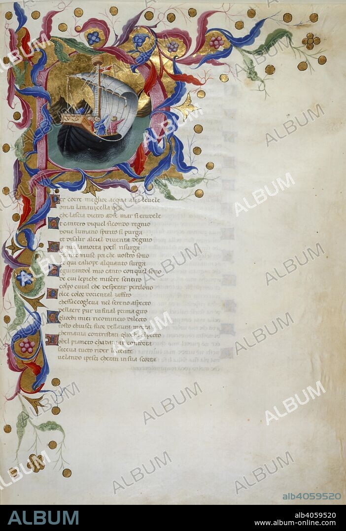 DANTE ALIGHIERI. Beginning of Purgatorio, Canto I. Text. Initial 'P', Dante setting sail for Purgatory. Divine Comedy. Italy [Tuscany]; 1442-1450. Source: Yates Thompson 36, f.65. Language: Italian.