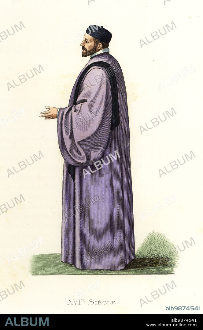 Costume of a noble Venetian, 16th century. He wears a long violet robe with large sleeves surmounted by stola. A brother of Charles Magio, the famous Italian traveller. After a miniature by Paulo Veronese in the Cabinet des estampes, Bibliotheque imperiale, Paris. Italie, Noble Venitien. Handcolored lithograph after an illustration by Edmond Lechevallier-Chevignard from Georges Duplessis's Costumes historiques des XVIe, XVIIe et XVIIIe siecles (Historical costumes of the 16th, 17th and 18th centuries), Paris, 1867. Edmond Lechevallier-Chevignard was an artist, book illustrator, and interior designer.