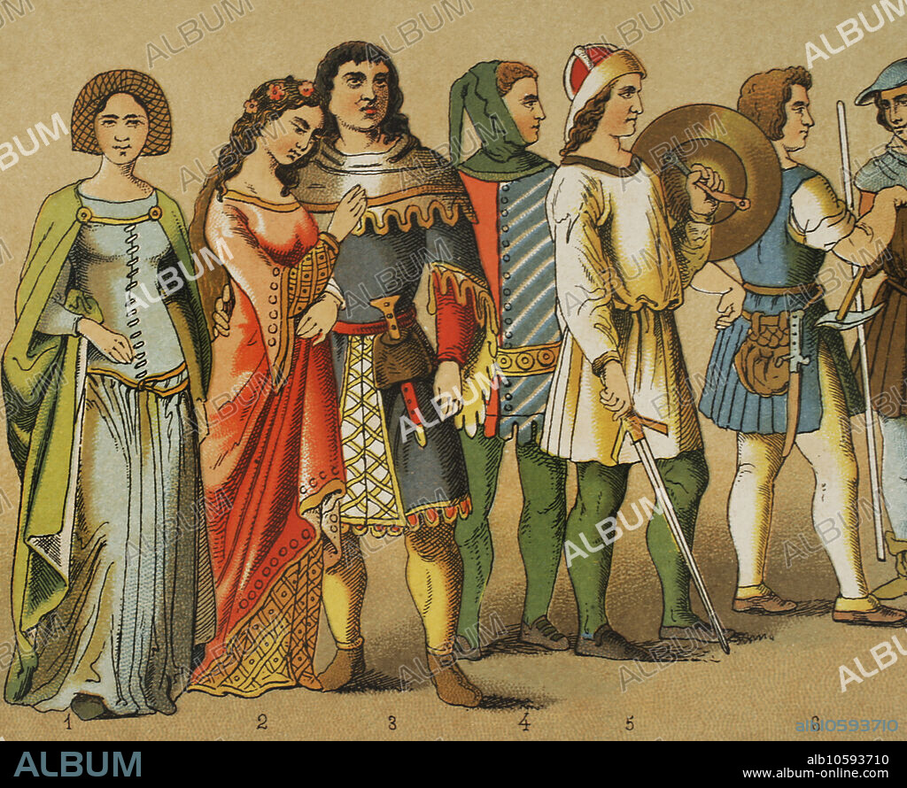 Historia de Alemania. 1300-1350. De izquierda a derecha, 1-2: damas, 3-4: nobles, 5: ciudadano armado, 6: menestral. Cromolitografía. Detalle. "Historia Universal", por César Cantú. Tomo VI, 1885.