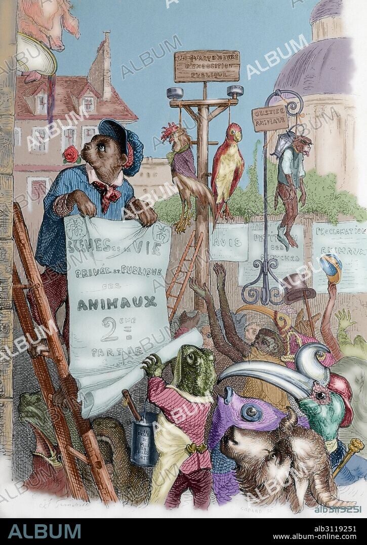 J.J. Grandville (pseudonym of Jean Ignace Isidore Gerard) (1803-1847). French caricaturist. The private and public life of animals. Satire of French society of 1840 through the eyes of animals. Satiric lithography. Paris, edited by J. Hetzel, 1842. Colored.