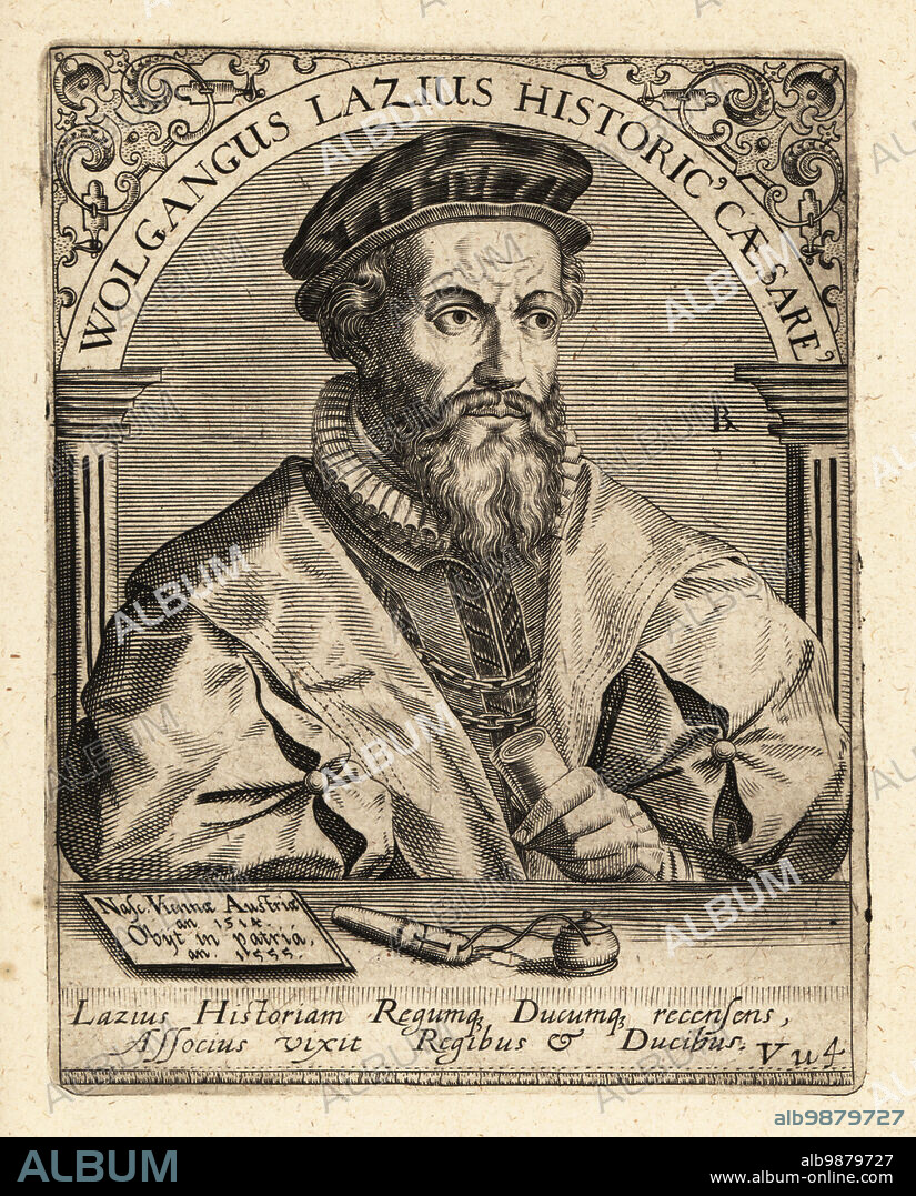 Wolfgang Laz or Wolfgang Lazius, Austrian humanist who worked as a cartographer, historian, and physician, 1514-1565. Wolgangus Lazius Historicus Caesare. Copperplate engraving by Johann Theodore de Bry from Jean-Jacques Boissards Bibliotheca Chalcographica, Johann Ammonius, Frankfurt, 1650.