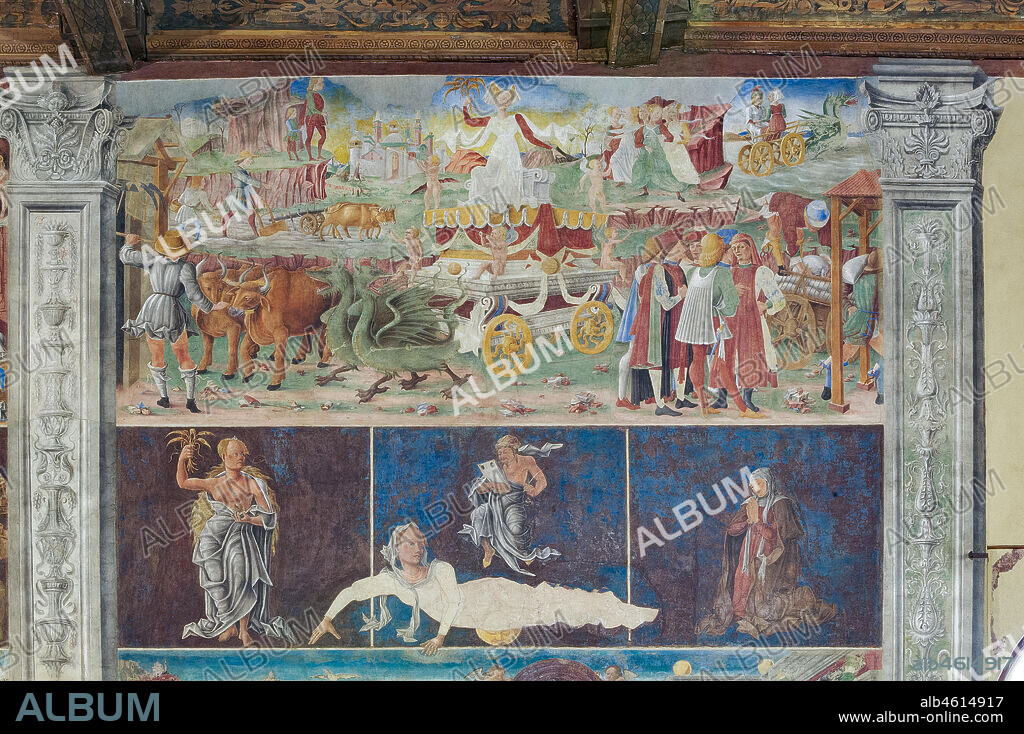 Ferrara: Palazzo Schifanoia, Hall of the Months, Northern Wall: "August" with the triumph of Ceres, the Zodiac sign of the Virgo and the three decans, onm a project by Cosmé Tura e realised by painters of the Ferrara school, about 1468 - 1470.
