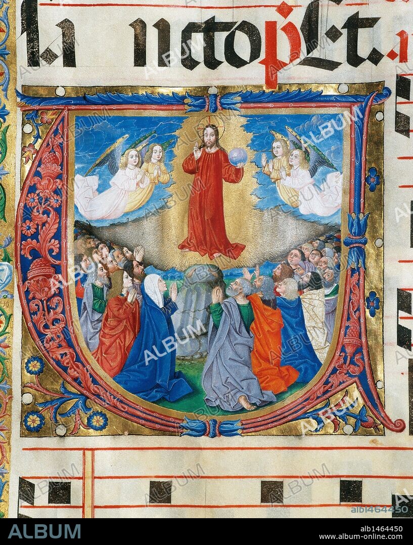 MAESTRO DE BURGO DE OSMA. "CANTORAL Nº7". Canto gregoriano. Siglo XV. Hacia el año 1460. Antifonario. Tiempo de Pascua. Pergamino. Tamaño: 800 x 600 mm. "LA ASCENSION DEL SEÑOR". Letra capitular "V" del del folio 57 v. Obra del Maestro de Osma, hacia 1460-1470. Perteneciente al "Scriptorium" del Monasterio de San Jerónimo de Guijola (Soria) o procedente de la recuperación de la Desamortización (siglo XIX). Archivo Capitular de El Burgo de Osma. Provincia de Soria. Castilla-León. España.