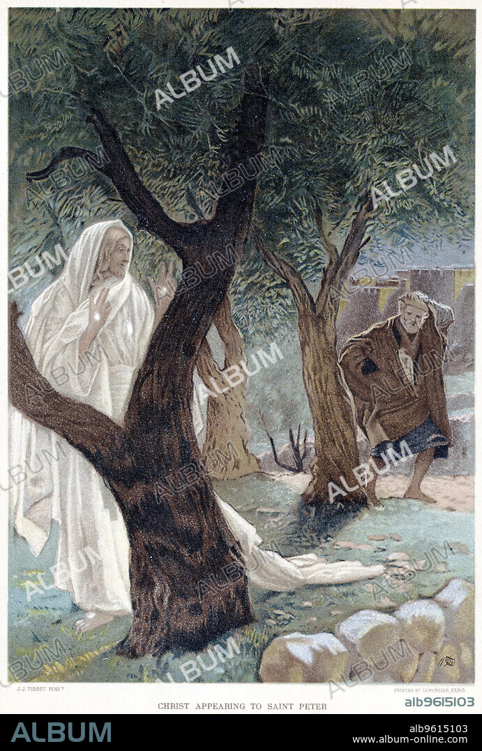 JAMES TISSOT. Christ appearing to St Peter, c1890. After his Resurrection, Christ appears to Peter and convinces him of his identity by showing the stigmata, the wounds he received during his crucifixion. From The Life of Our Saviour Jesus Christ by JJ Tissot. (London, c1890).