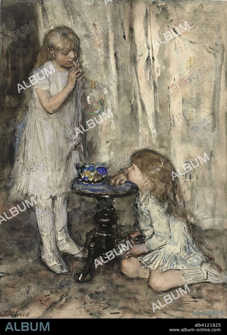 JACOB MARIS (mencionado en el objeto). Two Girls Blowing Bubbles. Twee meisjes, dochters van de kunstenaar, bellen blazend. Draughtsman: Jacob Maris (mentioned on object). Dating: c. 1880. Measurements: h 465 mm × w 334 mm.