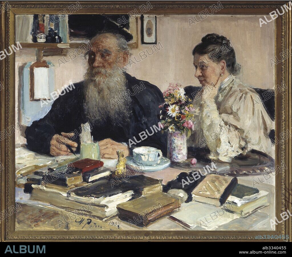 ILYA YEFIMOVICH REPIN. The author Leo Tolstoy with his wife in Yasnaya Polyana.