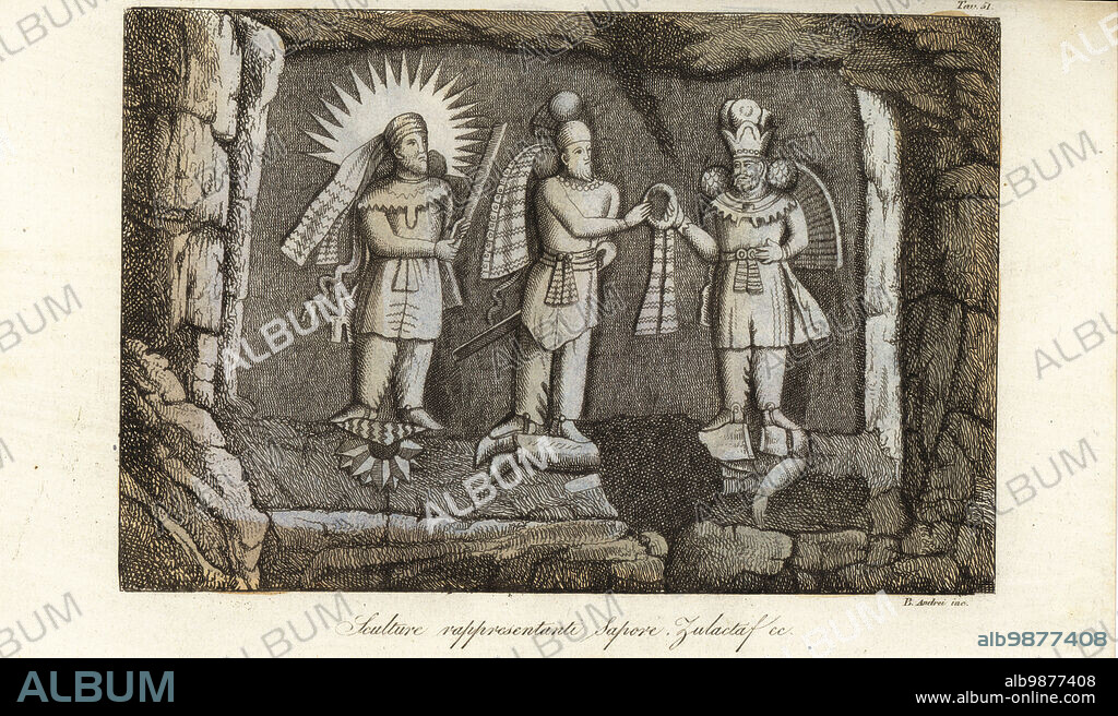 Crowning ceremony of King Ardashir II (center) by Shapur II (right) of the Sassanian Empire. Angel Mithra with raised barsom at left. Body and crown of defeated Roman emperor Julian on the ground. Based on a rock bas-relief in Taq-e Bostan, Iran. Sculture rappresentanti Sapore, Zulactaf, &c. Handcoloured copperplate engraving by B. Andrei from Giulio Ferrarios Costumes Ancient and Modern of the Peoples of the World, Il Costume Antico e Moderno, Florence, 1847.