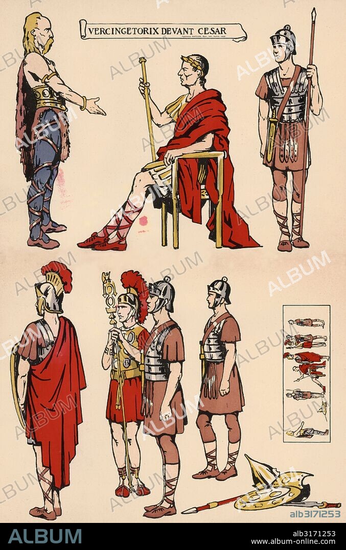 Recortable infantil. El jefe galo Vercingetorix (82 aC-46 aC) ante Julio César (100 aC-44 aC), emperador de Roma. Grabado de 1926.