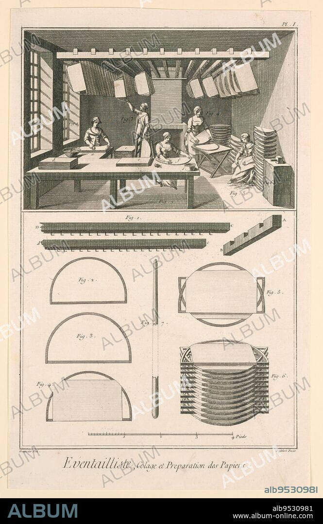 DENIS DIDEROT. Plate illustrating fan manufacture from Diderot's "Encyclopédie.". Engraving on paper. Date: ca. 1751-1766.