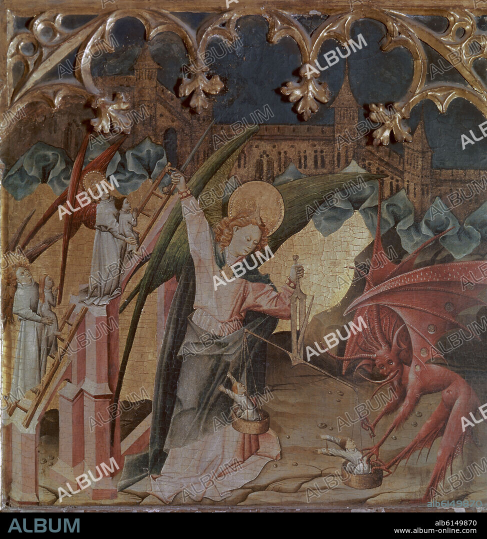 MAESTRO DE ARGUIS (S. XV). RETABLO DE LA LEYENDA DE SAN MIGUEL - LUCHA CON ANGELES REBELDES - HACIA 1440 - TEMPLE/TABLA- NP 1332 - GOTICO ESPAÑOL - Conjunto 10139 y 10146.