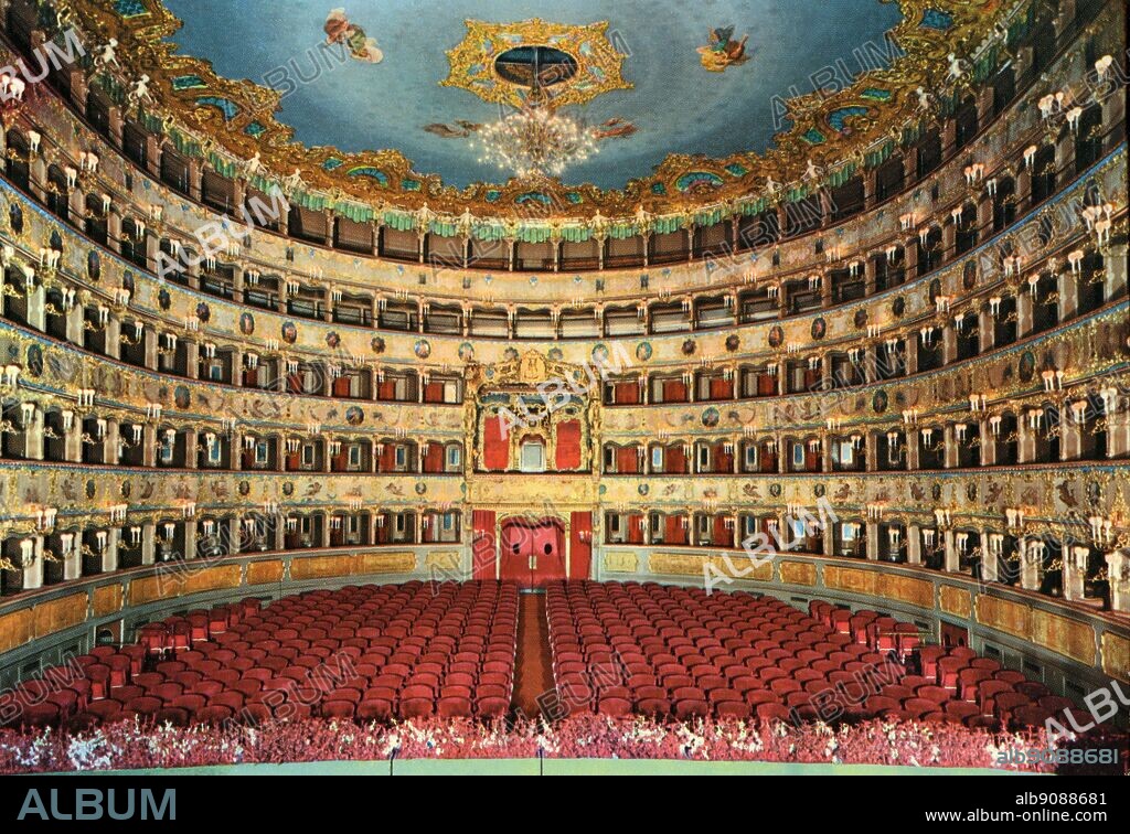 Interior of Theatre - La Fenice , Venice , Italy . View of the auditorium from stage.