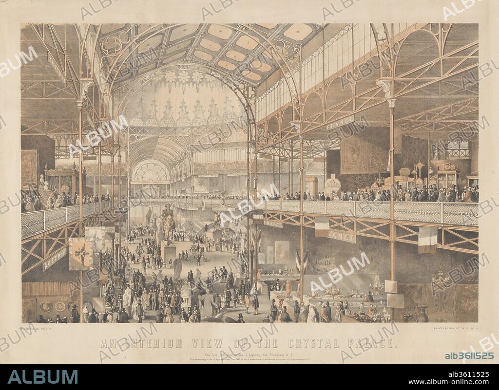 An Interior View of the New York Crystal Palace. Artist: Drawn and lithographed by Charles Parsons (American (born England), Hampshire 1821-1910 New York). Dimensions: image: 13 1/2 x 20 3/8 in. (34.3 x 51.8 cm)
sheet: 16 3/8 x 23 in. (41.6 x 58.4 cm). Printer: Endicott & Co. (New York, NY). Publisher: George S. Appleton New York, NY. Date: 1853.
