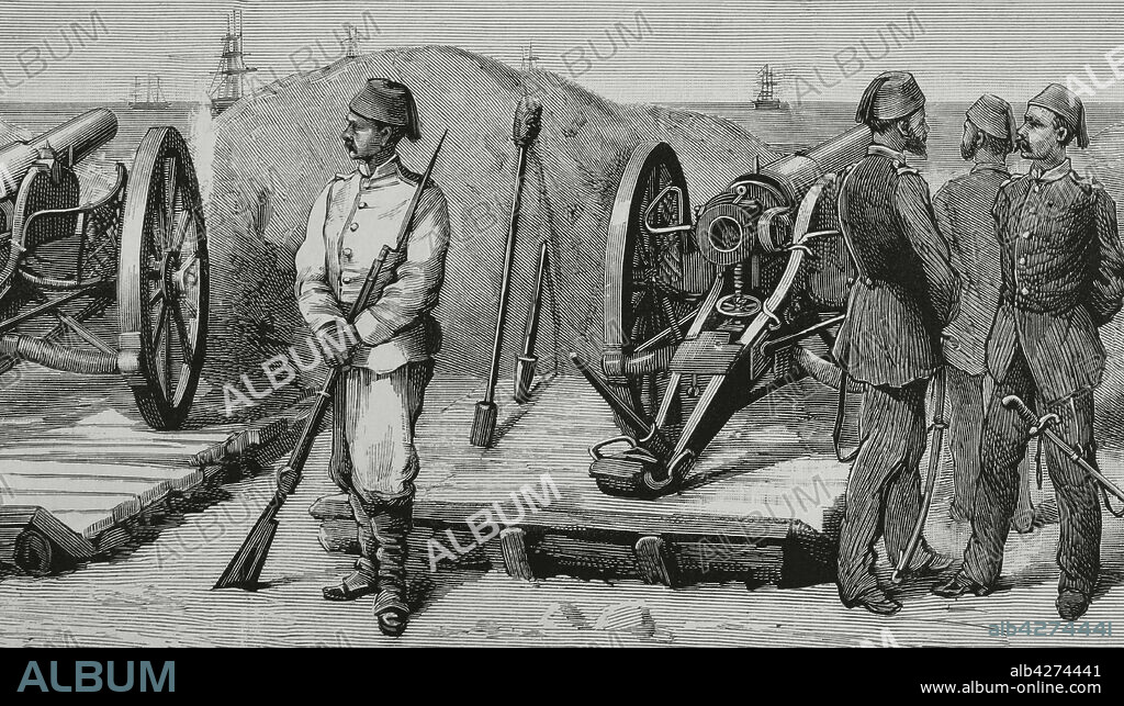 BERNARDO RICO (1825-1894). SPANISH ENGRAVER.. Conflicto egipcio con los británicos, 1882. Egipto. Alejandría. Batería egipcia de cañones Krupp en el fuerte de Mecks, cerca de Alejandría. Grabado por Rico. Detalle. La Ilustración Española y Americana, 22 de julio de 1882.