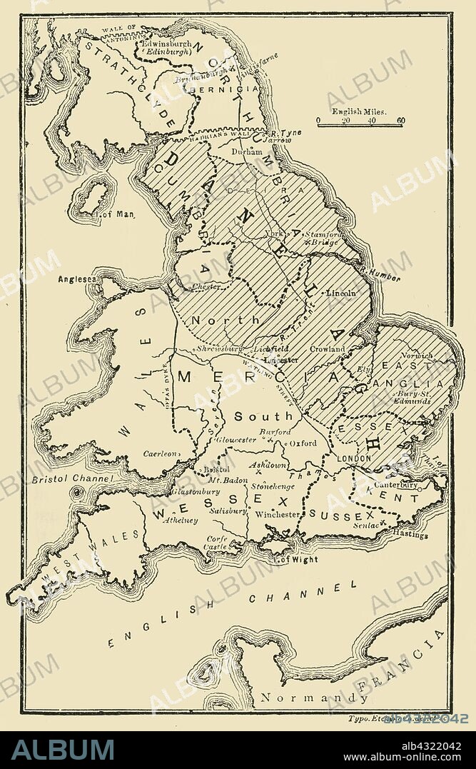 'Map of England, Showing the Anglo-Saxon Kingdoms and the Danish Districts (The Latter Shaded)',  (c9th century), 1890. The Heptarchy is a collective name applied to the seven kingdoms of Anglo-Saxon settlement of Britain in the 5th century. During the 9th century, about half of England was under Danish rule. From "Cassell's Illustrated Universal History, Vol. III - The Middle Ages", by Edmund Ollier. [Cassell and Company, Limited, London, Paris and Melbourne, 1890. ].