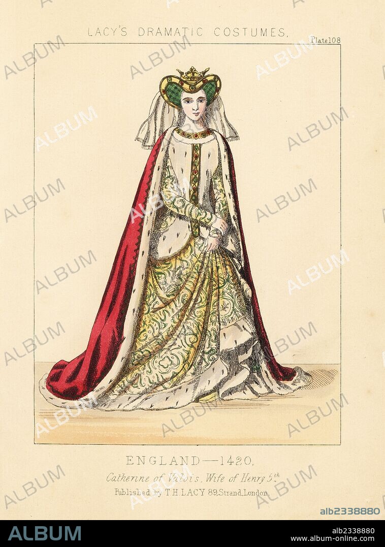 Catherine of Valois, wife of Henry V, England, 1420. She wears an elaborate hat with veil, scarlet velvet cape lined with ermine, ermine waistcoat over a brocade dress. Handcoloured lithograph from Thomas Hailes Lacy's "Female Costumes Historical, National and Dramatic in 200 Plates," London, 1865. Lacy (1809-1873) was a British actor, playwright, theatrical manager and publisher.