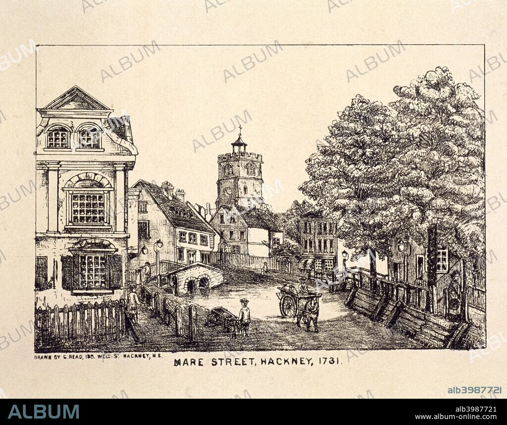 Mare Street, Hackney, London, 1731. A cart fords Hackney Brook which crosses Mare Street. The tower of St John dominates the scene.