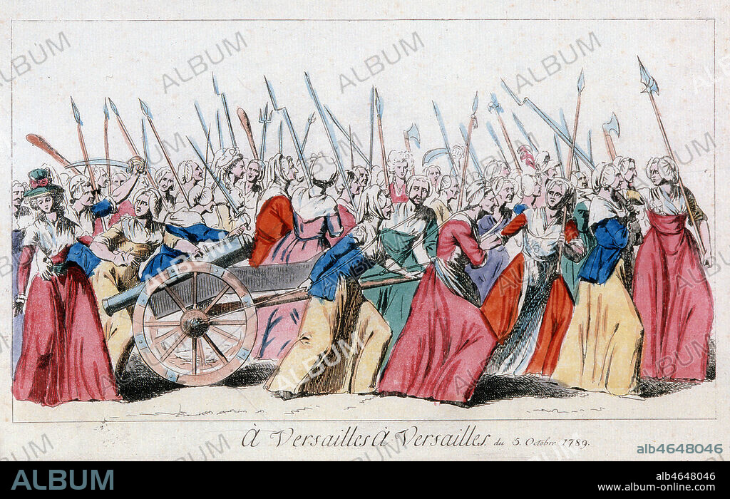 Journees du 5 et 6 octobre 1789 'A Versailles, A Versailles, 5 octobre 1789 ' Avant-garde des femmes allant a Versailles. Revolution francaise, estampe conservee au Musee Lambinet, 16,8x26,9cm. Photo Bernard DUPONT. Credit B.DUPONT/KHARBINE TAPABOR.