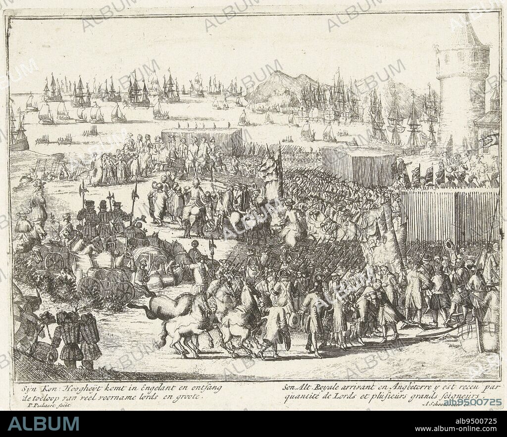 Prince William III receives nobles upon his arrival in England, November 1688. Part of the series 'Engelants schouwtoneel' about the Glorious Revolution 1688-1689 (second part). With captions in Dutch and French, Prince William III receives nobles upon his arrival in England, 1688 Sijn Kon: Hoogheyt comes to Engelant and receives the influx of many distinguished lords and greats, Englishman's spectacle depicts the Glorious surpassed with the crowning of William III and Mary II to King and Queen of Great Brittany and Vrankryk and Yrlant, et cetera. II Part. (series title on object), print maker: Pieter Pickaert, (mentioned on object), publisher: Adriaen Schoonebeek, (mentioned on object), Amsterdam, 1689, paper, etching, h 151 mm × w 185 mm.