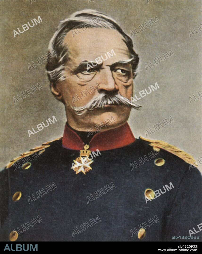 Count Roon, Minister of War, (1936). 'Kriegsminister Graf Roon'. Portrait of Albrecht Theodor Emil Graf von Roon (1803-1879), Prussian soldier and statesman. From "Bilder Deutscher Geschichte", (Pictures of German History), No.12, cigarette card album. [Cigaretten-Bilderdienst, Altona-Bahrenfeld, Hamburg, Germany, 1936].