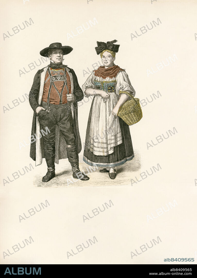 German Folk Dress (former Grand-duchy of Baden), Hanau Region, Germany, late 19th Century, Illustration, The History of Costume, Braun & Schneider, Munich, Germany, 1861-1880.