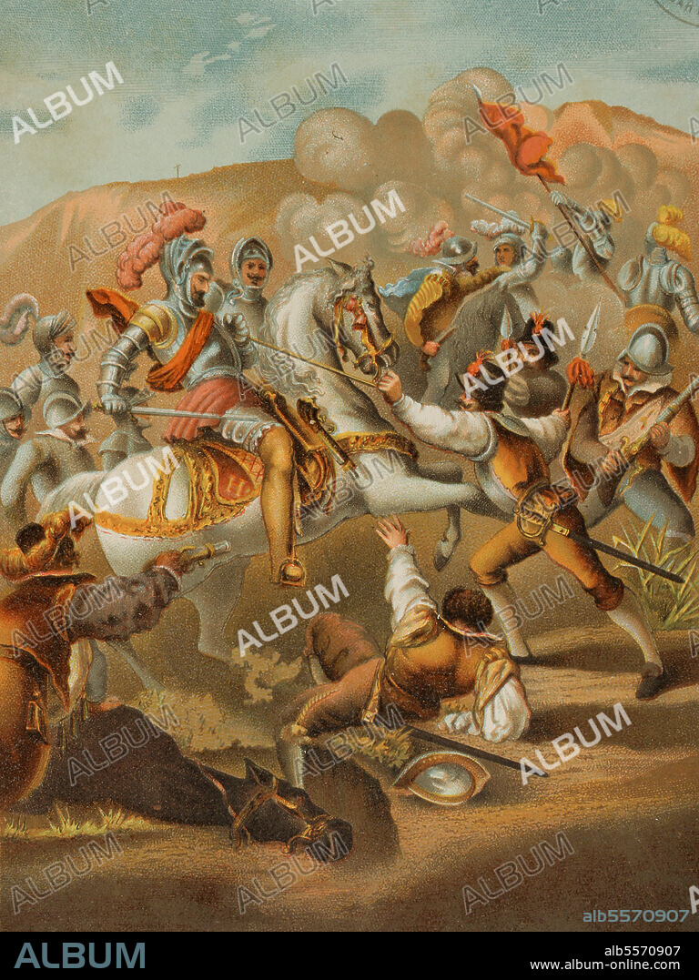 Luis XII (1462-1515). Rey de Francia (1498-1515). Luis XII de Francia en la Batalla de Agnadello (14 de mayo de 1509). Las tropas francesas derrotaron al ejército de la República de Venecia. Cromolitografía. Historia Universal, por Cesar Cantú. Tomo VII. Publicado en Barcelona, 1886.
