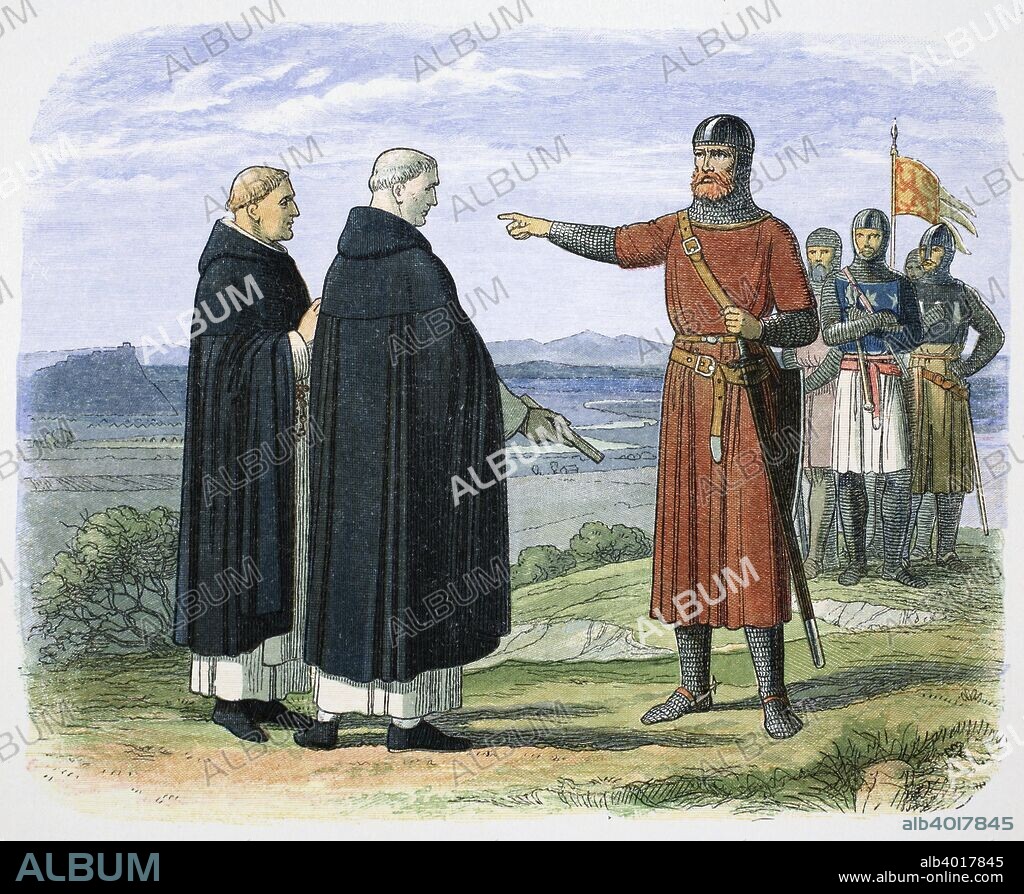 William Wallace rejects the English proposals, 1297 (1864). Wallace (1272-1305) shown rejecting the English proposals caried by two Dominican monks, telling them to return with the message that he and his men had come, not for peace, but for war. He began his rebellion against English rule in 1297.