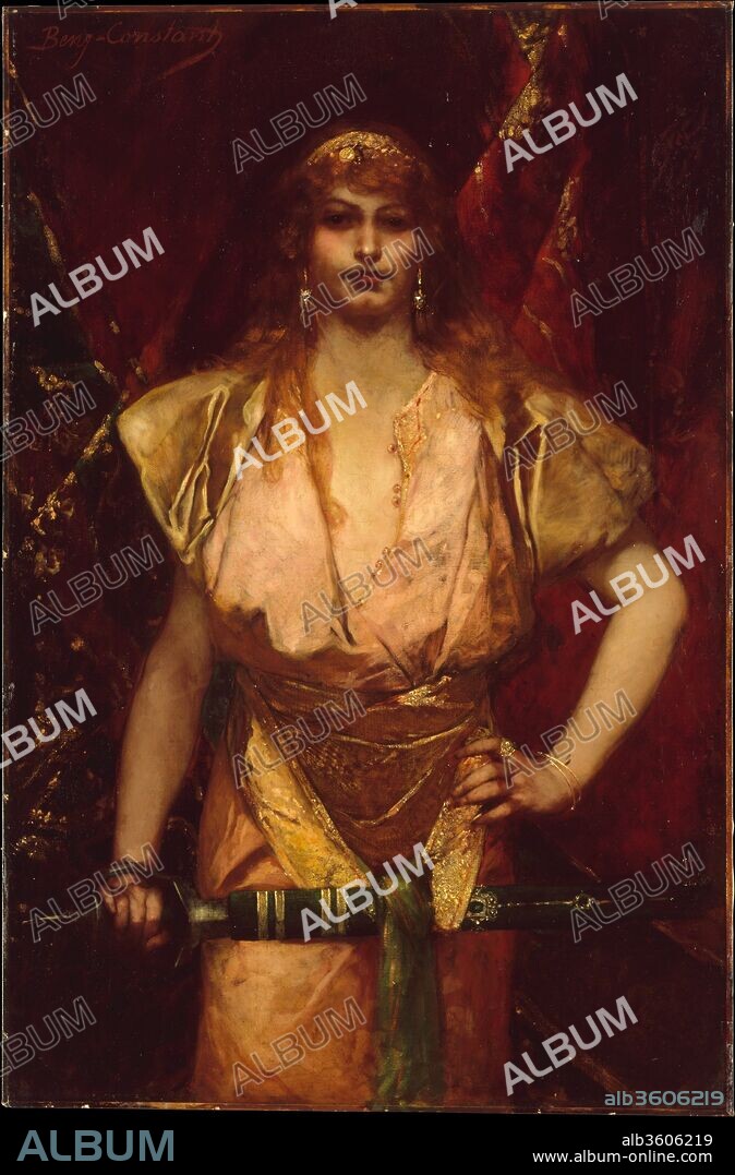 Judith. Artist: Benjamin-Constant (Jean-Joseph-Benjamin Constant) (French, Paris 1845-1902 Paris). Dimensions: 47 1/2 x 31 1/2 in. (120.7 x 80 cm). Date: possibly ca. 1886.
Painted in glinting red and gold tones, this exotic figure attests to Benjamin-Constant's esteem for Delacroix; following in the older artist's footsteps, he had traveled to Spain and Morocco in the early 1870s, a voyage that yielded inspiration, and props, for many of his pictures. Here, Judith, the Old Testament heroine who saved her besieged city by beheading the general Holofernes, appears as an avenging beauty, proudly bearing her sword. Benjamin-Constant returned repeatedly to this dramatic subject, including another version shown at the Salon of 1886.