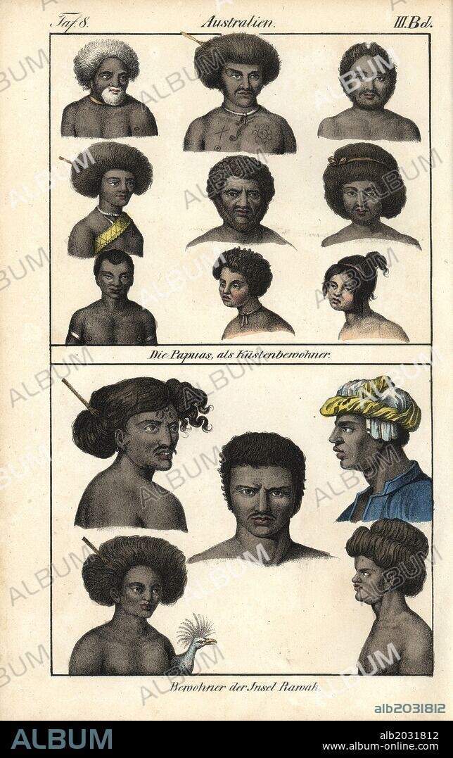 Natives of the island of Papua (New Guinea): coastal dwellers with hair combs and body scarification at top, and natives of Rawak island off Waigeo. Handcoloured lithograph from Friedrich Wilhelm Goedsche's "Vollstaendige Völkergallerie in getreuen Abbildungen" (Complete Gallery of Peoples in True Pictures), Meissen, circa 1835-1840. Goedsche (1785-1863) was a German writer, bookseller and publisher in Meissen.