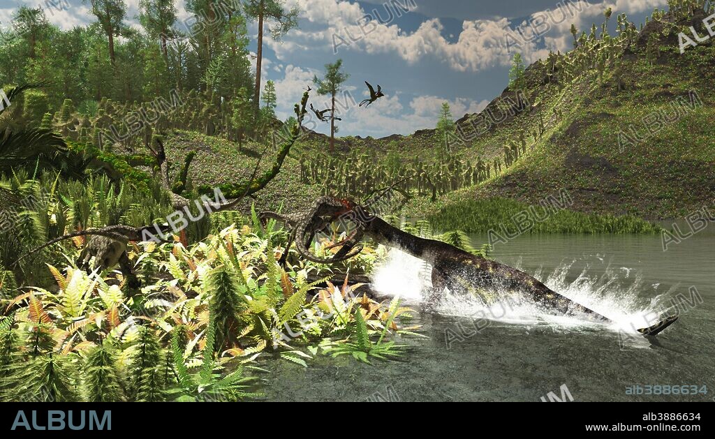 The late Triassic period circa 215 million years ago, featuring the 13 foot, semi oceanic Nothosaurus catching an unaware Ceolophysis.