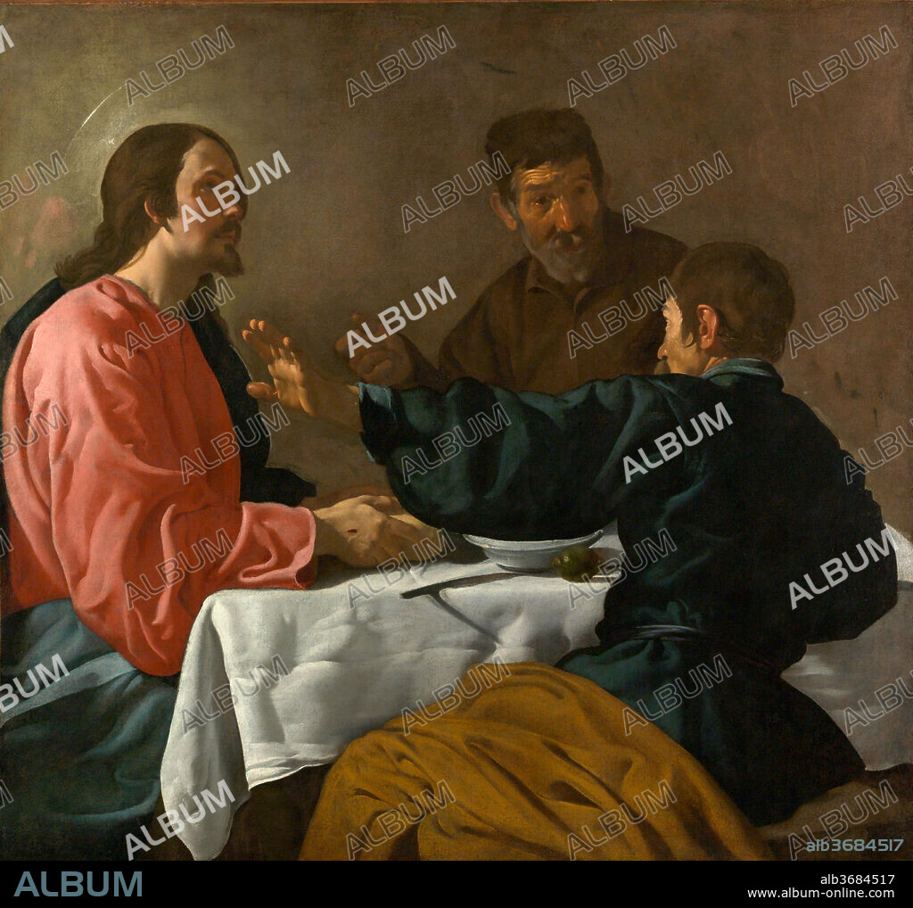 VELÁZQUEZ (DIEGO RODRÍGUEZ DE SILVA Y VELÁZQUEZ). The Supper at Emmaus. Artist: Velázquez (Diego Rodríguez de Silva y Velázquez) (Spanish, Seville 1599-1660 Madrid). Dimensions: 48 1/2 x 52 1/4 in. (123.2 x 132.7 cm). Date: 1622-23.

The picture may have been painted in Seville, where Velázquez was trained, or in Madrid, where he moved in 1623. The realism of the figures, the strong dramatic light, and the attention to still-life details recall the work of Caravaggio, which Velázquez would have known in Seville through copies. Christ is shown at the moment when he is recognized by two disciples following his resurrection, as "he took bread, blessed and broke it, and handed it to them.".