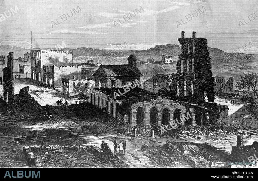 Entitled: "The ruins of Lawrence, Kansas sketched by a correspondent." Quantrill's raid on the free-state town of Lawrence, Kansas was a defining moment in the border conflict. At dawn on August 21, 1863, a group of roughly 400 Confederate guerrillas entered the sleeping town with lists of men to be killed and buildings to be burned. His men burned to the ground a quarter of the buildings in Lawrence, including all but two businesses. They looted most of the banks and stores and killed between 185 and 200 men and boys. While many of the victims of the raid had been specifically targeted beforehand, executions were more indiscriminate among segments of the raiders. Survivors reported that one man was shot while in the arms of his pleading wife, that another was killed with a toddler in his arms, that a group of men who had surrendered under assurances of safety were then gunned down, and that a pair of men were bound and forced into a burning building where they died in horrible agony. The Lawrence Massacre was one of the bloodiest events in the whole history of Kansas. Harper's Weekly, September 19, 1863.