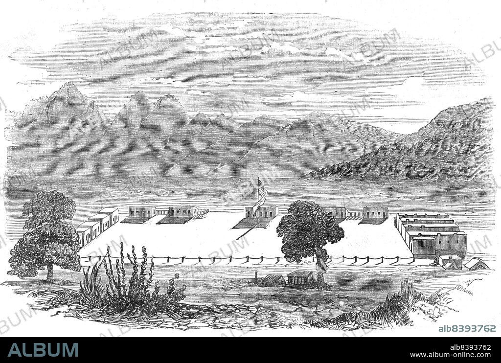 Fort Fillmore, New Mexico, 1854. View of '...one of the garrisons first built by the United States Government on the Rio Grande del Norte...In the background are seen the great chains of the White and Sacramento Mountains...The Mesilla Valley had been for some time disputed territory, when the question was settled by purchase by the United States Government; thus opening another beautiful region of country to American enterprise...All the mountains in the vicinity of Fort Fillmore are known to be exceedingly rich in iron, copper, silver, and gold ores. Silver mines are now worked...The climate of the Mesilla is unsurpassed: its soil is equal to that of any portion of the globe...A few years hence will be seen an industrious and happy people enjoying this charming country, where now the Apache, Comanche, Navajo, Tongawaa, and Lipau, are the chief proprietors'. From "Illustrated London News", 1854.