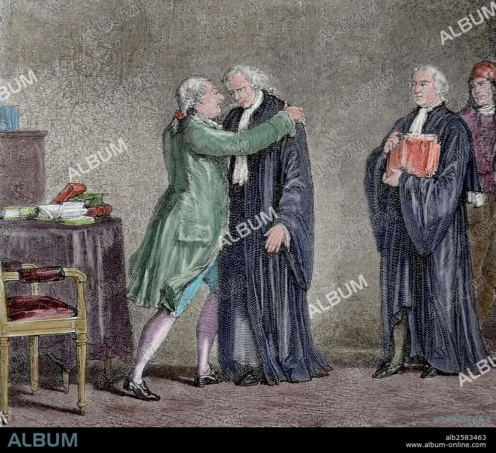 Guillaume-Chrétien de Lamoignon de Malesherbes, más conocido como Malesherbes o Lamoignon-Malesherbes (1721-1794), político francés, ministro y consejero para la defensa de Luis XVI. Murió en la guillotina durante el periodo del Terror de la Revolución francesa. "Lamoignon-Malesherbes entrevistándose con el rey Luis XVI". Grabado por Blanpain. "Historia de Francia", siglo XIX. Coloreado.